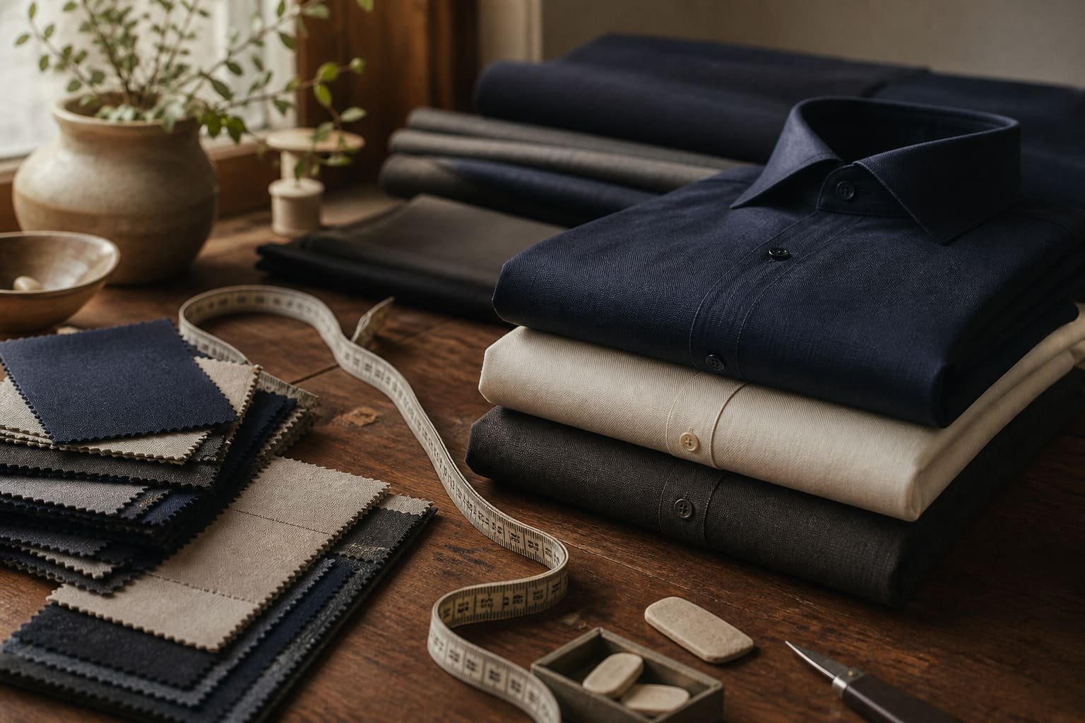 Folded shirts, fabric swatches and measuring tools for custom uniform making