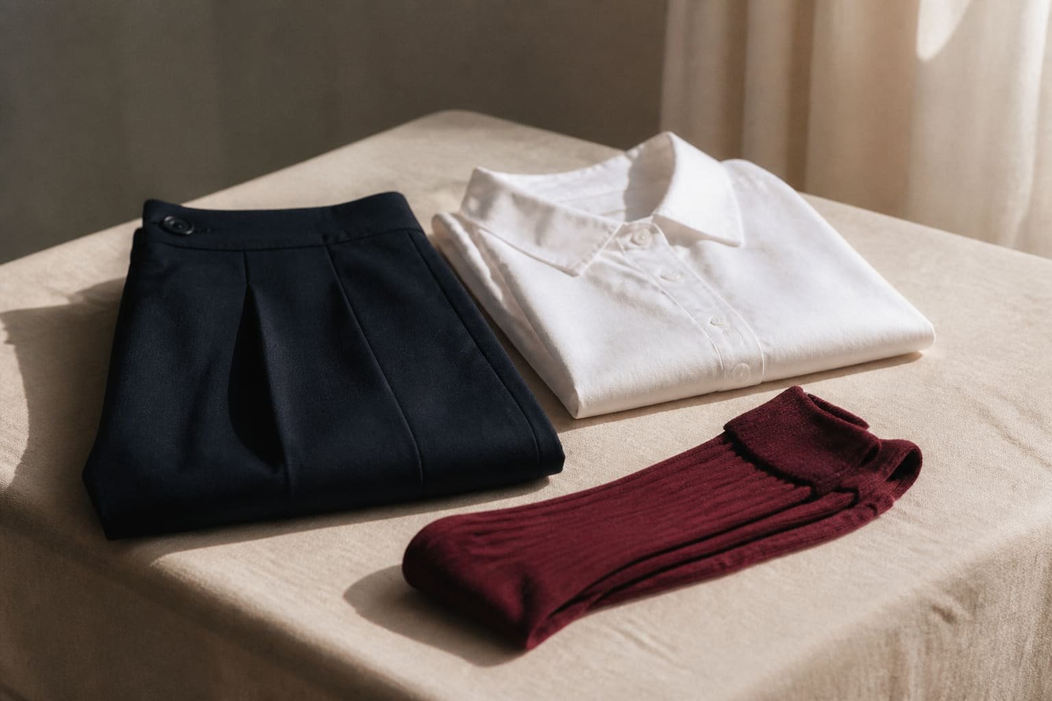 Folded school uniform pieces arranged on a table