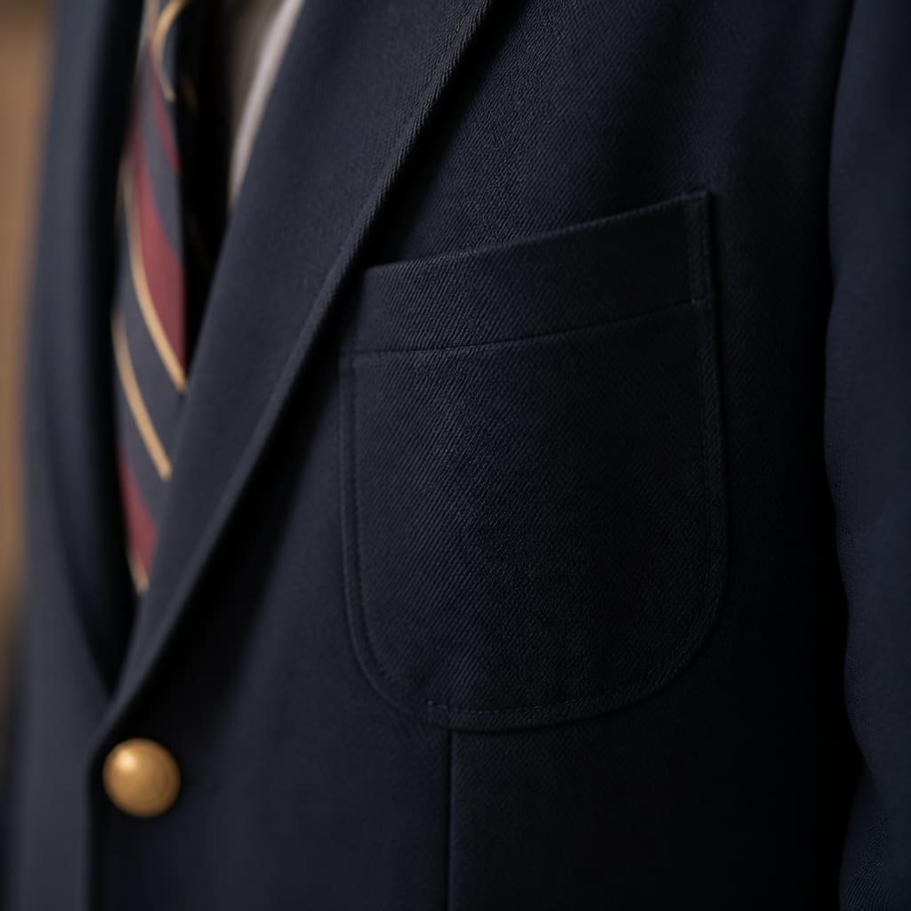Close-up of a navy school blazer pocket and brass button